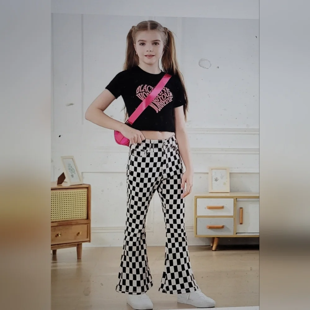 NwT. GIRLS stretch 70s bell bottom flare pants checkered size 10 - Picture 5 of 12